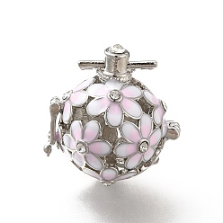Lavender Blush Alloy Crystal Rhinestone Bead Cage Pendants, Hollow Flower Charm, with Enamel, for Chime Ball Pendant Necklaces Making, Platinum, Lavender Blush, 34mm, Hole: 6x3mm, Bead Cage: 26x25x21mm, 18mm Inner Size