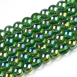 Green Electroplate Transparent Glass Beads Strands, AB Color Plated, Round, Green, 4~4.5mm, Hole: 0.8mm, about 97~99pcs/strand, 14.76 inch~14.96 inch(37.5~38cm)