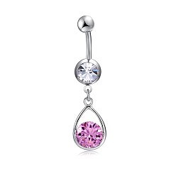 Pink Brass Cubic Zirconia Navel Ring, Belly Rings, with 304 Stainless Steel Bar, Cadmium Free & Lead Free, teardrop, Pink, 41mm, Bar: 15 Gauge(1.5mm), Bar Length: 3/8"(10mm)