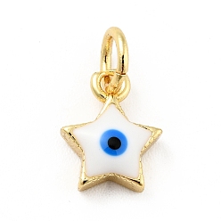White Rack Plating Brass Enamel Charms, with Jump Rings, Cadmium Free & Lead Free, Real 18K Gold Plated, Star with Evil Eye, White, 9.5x7.5x2.6mm, Hole: 3mm