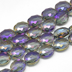 Azul Violeta Abalorios de vidrio electrochapa, arco iris chapado, facetados, oval, Violeta Azul, 20x16x9 mm, agujero: 1.5 mm, aproximadamente 35 pcs / 27.7 pulgada