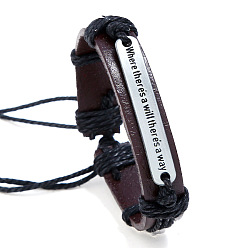 Black Adjustable Cowhide Cord Bracelets for Men, Antique Silver Tone Rectangle Word Alloy Links Bracelets, Black, 6-3/4~7-1/8 inch(17~18cm)