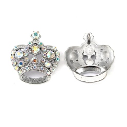 White Rhinestone Pendants, Cadmium Free & Lead Free, with Alloy Findings, Crown, Platinum, White, 31x29x10mm, Hole: 3mm