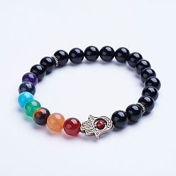 Black Agate Natural Black Agate Beaded Stretch Bracelets, with Alloy Spacer Beads, Hamsa Hand/Hand of Fatima/Hand of Miriam, 1-3/4 inch(45mm)