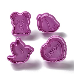 Old Rose Valentine's Day Themed PET Plastic Cookie Cutters, with Iron Press Handle, Bear, Bird, Heart with Word LOVE & Rose, Old Rose, 50~53x43~55.5x18mm, 4pcs/set