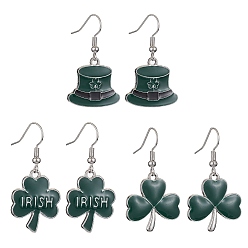 Dark Green 3 Pair 3 Style Saint Patrick's Day Alloy Enamel Dangle Earrings with Brass Pins for Women, Hat & Clover Earrings, Dark Green, 38~40mm, 1 Pair/style