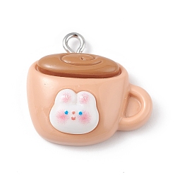 Tableware Opaque Resin Pendants, Cute Rabbit Charms, with Platinum Tone Iron Loops, Cup, Tableware, 21x22.5x8mm, Hole: 2mm