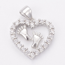 Platinum Brass Micro Pave Cubic Zirconia Pendants, Heart with Foot, Clear, Platinum, 16x16x3mm, Hole: 3.5x4mm