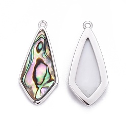 Platinum Natural Abalone Shell/Paua Shell Pendants, with Brass Findings, Kite, Platinum, 30x13.5x4mm, Hole: 1.4mm