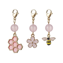 Pink Décorations de pendentif en émail en alliage d'abeille, de nid d'abeille et de fleur, Perles de jade naturelles de Malaisie et breloques à fermoirs à pince de homard, rose, 40~46mm, pendentif: 12~22x14~17x1.5~4 mm, 3 pièces / kit