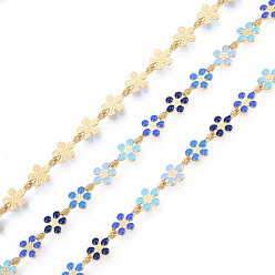 Dodger Blue Handmade Brass Enamel Plum Blossom Link Chains, Unwelded, with Spool, Golden, Nickel Free, Dodger Blue, 9x6x1mm, about 16.40 Feet(5m)/Roll
