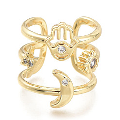 Настоящее золото 18K Регулируемые латунные кольца микро манжеты из прозрачного циркония, открытые кольца, широкая полоса кольца, луна, хамса рука, удар молнии, реальный 18 k позолоченный, Размер 7, внутренний диаметр: 17 мм