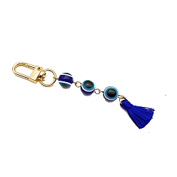 Blue Handmade Evil Eye Lampwork Beads Pendant Decorations, with Metal Clasp and Tassel Pendant, Blue, 105~115mm