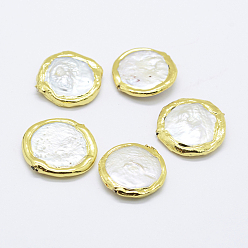 White Natural Cultured Freshwater Pearl Beads, Edge Golden Plated, Flat Round, White, 20~23x4~5mm, Hole: 0.5mm