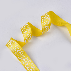 Yellow Single Face Satin Ribbon, Polyester Ribbon, Flower Pattern, Yellow, 1 inch(25mm), about 50yards/roll(45.72m/roll)