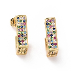 Colorful Cubic Zirconia Rectangle Stud Earrings, Real 18K Gold Plated Brass Half Hoop Earrings for Women, Colorful, 17x5mm, Pin: 0.7mm