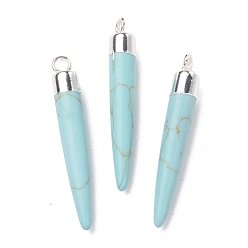 Synthetic Turquoise Synthetic Turquoise Brass Pendants, Cadmium Free & Lead Free, Bullet Shaped, Silver Color Plated, 33~37x4~5mm, Hole: 2mm
