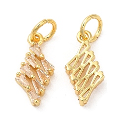 Real 18K Gold Plated Rack Plating Brass Pave Clear Cubic Zirconia Pendants, Rhombus Charms with Jump Ring, Long-Lasting Plated, Lead Free & Cadmium Free, Real 18K Gold Plated, 16x8x3mm, Hole: 4mm