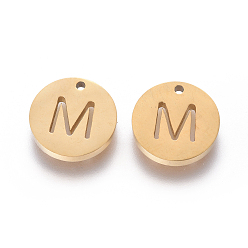 Letter M 304 Stainless Steel Charms, Ion Plating (IP), Flat Round, Letter.M, 10x1.5mm, Hole: 1mm