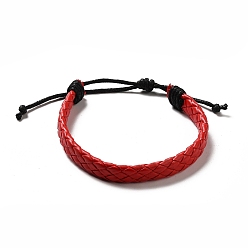Red PU Imitation Leather Braided Cord Bracelets for Women, Adjustable Waxed Cord Bracelets, Red, 3/8 inch(0.9cm), Inner Diameter: 2-3/8~3-1/2 inch(6.1~8.8cm)