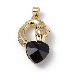Black Real 18K Gold Plated Rack Plating Brass Micro Pave Clear Cubic Zirconia Pendants, with Glass, Long-Lasting Plated, Cadmium Free & Lead Free, Leopard with Heart Charm, Black, 28.5x17.5x8mm, Hole: 5x3.2mm