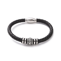 Stainless Steel Color 304 Stainless Steel Column Beaded Bracelet with Magnetic Clasps, Black Leather Braided Cord Punk Wristband for Men Women, Stainless Steel Color, 8-1/2 inch(21.5cm)