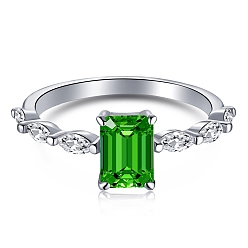 Зеленый Родиевое покрытие 925 кольца на палец из стерлингового серебра, кольцо с камнем, с 5прямоугольником из циркония для женщин, Реальная платина, зелёные, 1.7 мм, размер США 7 (17.3 мм)