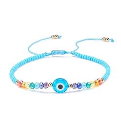 Cyan Mauvais œil au chalumeau et bracelet en perles de verre, bracelet réglable tressé pour femme, cyan, diamètre intérieur: 2-1/2~3-7/8 pouce (6.2~9.7 cm)