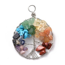Silver Natural & Synthetic Gmestone Copper Wire Big Pendants, Natural Amethyst & Green Aventurine & Citrine & Lapis Lazuli & Red Jasper & Red Aventurine, Synthetic Howlite, Mixed Dyed and Undyed, Tree, Silver, 54.5~55x42x8.5~9.5mm, Hole: 5.5~6.5mm