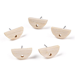 Fan Ash Wood Stud Earring Findings, with 304 Stainless Steel Pin, Fan, 16x8mm, Hole: 1.8mm, Pin: 0.7mm
