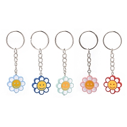 Smiling Face Flower Acrylic Pendant Keychain, with Iron Finding, for Key Bag Car Pendant Decoration, Smiling Face Pattern, 8.3cm, pendant: 29.5x25x4.5mm