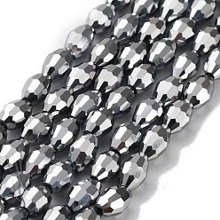 Silver Electroplate Glass Beads Strands, Faceted Oval, Silver Plated, bead: 8mm long, 6mm thick, hole: 1.5mm, about 72pcs/strand