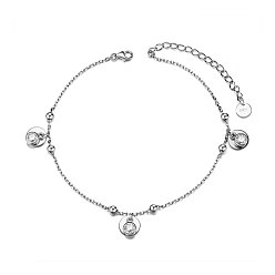 Platinum SHEGRACE Rhodium Plated 925 Sterling Silver Anklet, with Grade AAA Cubic Zirconia, Flat Round Charms, with S925 Stamp, Platinum, 8-1/4 inch(210mm)