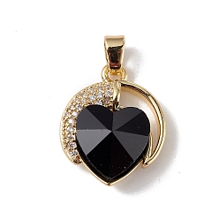 Black Real 18K Gold Plated Rack Plating Brass Micro Pave Clear Cubic Zirconia Pendants, with Glass, Long-Lasting Plated, Cadmium Free & Lead Free, Heart Charm, Black, 21x17.5x8mm, Hole: 5x3mm