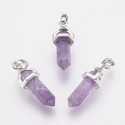 Amethyst Brass Natural Amethyst Double Terminated Pointed Pendants, Bullet, Platinum, 17~20x7x6.5mm, Hole: 2x4mm