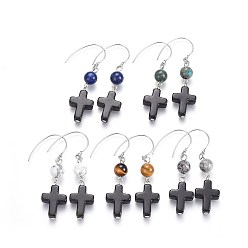 Mixed Stone Natural Mixed Stone Dangle Earrings, with Synthetic Turquoise Cross and 304 Stainless Steel Earring Hooks, 57~58mm, Pin: 0.8mm