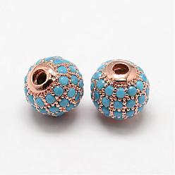 Rose Gold Round Brass Micro Pave Cubic Zirconia Beads, Rose Gold, 8mm, Hole: 1.5mm