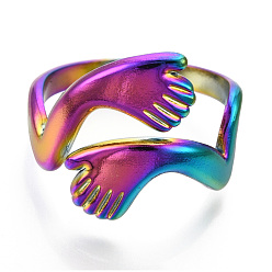 Rainbow Color 304 Stainless Steel Hugging Hand Cuff Rings, Open Rings for Women Gils, Rainbow Color, US Size 9(18.9mm)