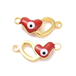 Roja Colgantes de conector de esmalte de latón, real 18 k chapado en oro, corazón doble con patrón de mal de ojo, rojo, 6x14x3 mm, agujero: 1.2 mm