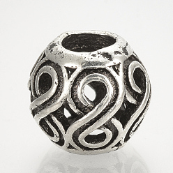 Antique Silver Alloy European Beads, Large Hole Beads, Hollow Rondelle, Antique Silver, 12x10mm, Hole: 5mm