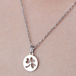 Stainless Steel Color 201 Stainless Steel Hollow Clover Pendant Necklace, Stainless Steel Color, 17.72 inch(45cm)