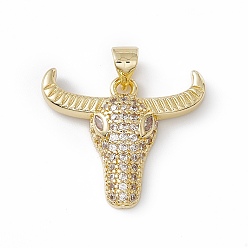 Clear Brass Micro Pave Cubic Zirconia Pendants, OX Head Charm, Lead Free & Cadmium Free, Real 18K Gold Plated, Clear, 20x23x4.5mm, Hole: 3.5x4mm
