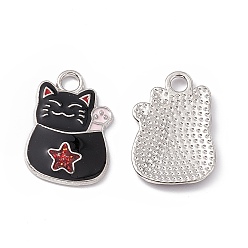 Black Alloy Enamel Pendants, Cat with Star Charm, Platinum, Black, 18.5x12.5x1.5mm, Hole: 2mm