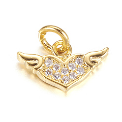 Golden Brass Micro Pave Cubic Zirconia Charms, Heart with Wing, Golden, 8x14x1.5mm, Hole: 3mm