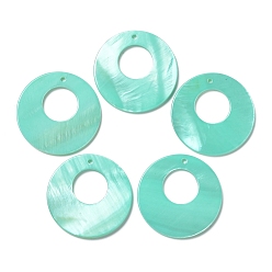 Medium Aquamarine Spray Painted Natural Freshwater Shell Pendants, Flat Round Charms, Medium Aquamarine, 28x2.5mm, Hole: 1.2mm