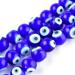 Bleu Moyen  Main au chalumeau mauvais œil rondes rangées de perles, bleu moyen, 10mm, Trou: 1mm, Environ 39 pcs/chapelet, 14.96 pouce