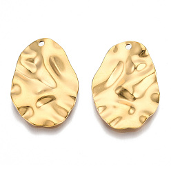 Real 18K Gold Plated 201 Stainless Steel Pendants, Textured Oval Charm, Real 18K Gold Plated, 30x20.5x2mm, Hole: 1.6mm