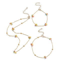 Golden Colorful Glass Seed Beaded Flower Link Chain Bracelets & Necklaces & Anklet, Ion Plating(IP) Brass Jewelry Set, Golden, 6-5/8 inch(16.9cm), 16-1/4 inch(41.3cm), 8-5/8 inch(22cm)