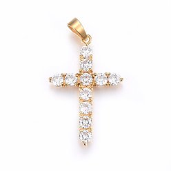 Golden 304 Stainless Steel Pendants, with Cubic Zirconia and Snap on Bails, Cross, Clear, Golden, 37.5x25x3.5mm, Hole: 5x7mm