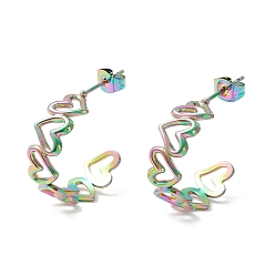Rainbow Color 304 Stainless Steel C-shape Stud Earrings, Heart Wrap Half Hoop Earrings for Women, Rainbow Color, 19.5x25x8mm, Pin: 0.8mm